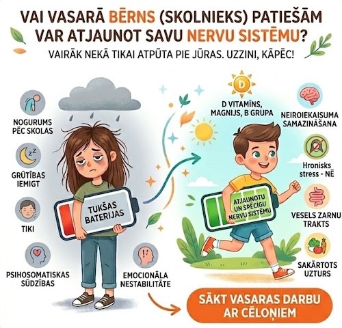 Infografika JMĢK ''Ligzdiņa'': bērna nervu sistēmas atjaunošana vasarā – no noguruma un 'tukšām baterijām' līdz veselībai, sabalansētam uzturam un emocionālai stabilitātei".